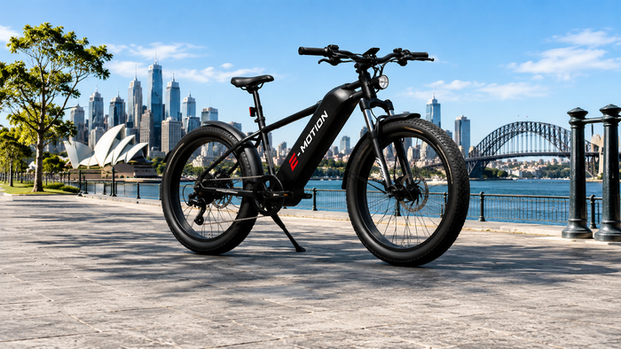 Black E-Motion e-bike ready to ride beside Sydney Harbour.