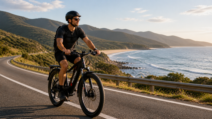 E-bike rider climbing a coastal hill above the ocean.