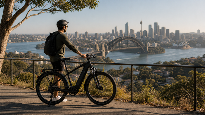 Weekend rider overlooking Sydney Harbour on an e-bike.