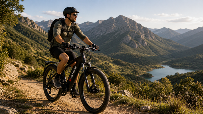 E-bike rider exploring a mountain trail above a lake.