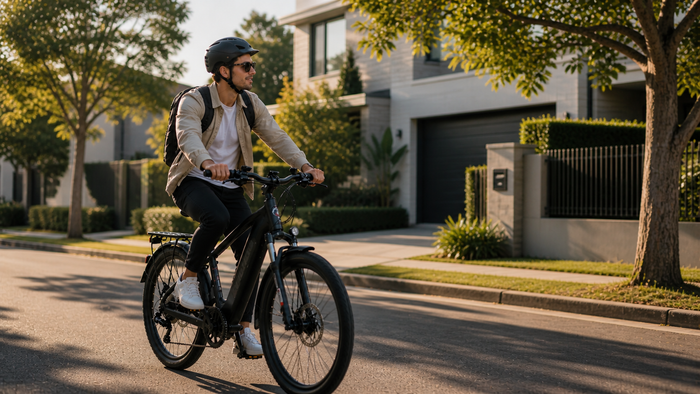 Parent riding an e-bike through a suburban neighbourhood.